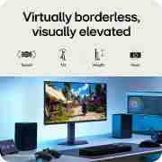 LG 27-инчов UltraGear™ G5, 300&nbsp;Hz FHD гейминг монитор, На тази снимка е показан геймърски монитор UltraGear™, поставен на бюро, на който се вижда сцена от игра, а иконите показват дизайн без рамки от три страни, възможност за регулиране на височината, нак, 27G550B-B, thumbnail 10